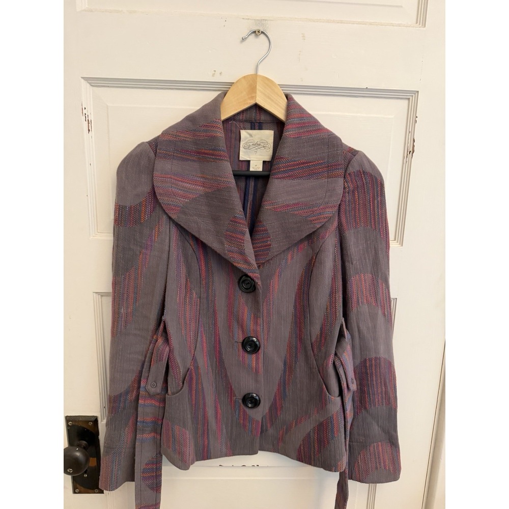 Cidra Anthropologie Grey Multi Color Woven Belted Jacquard Cotton Jacket Size 0